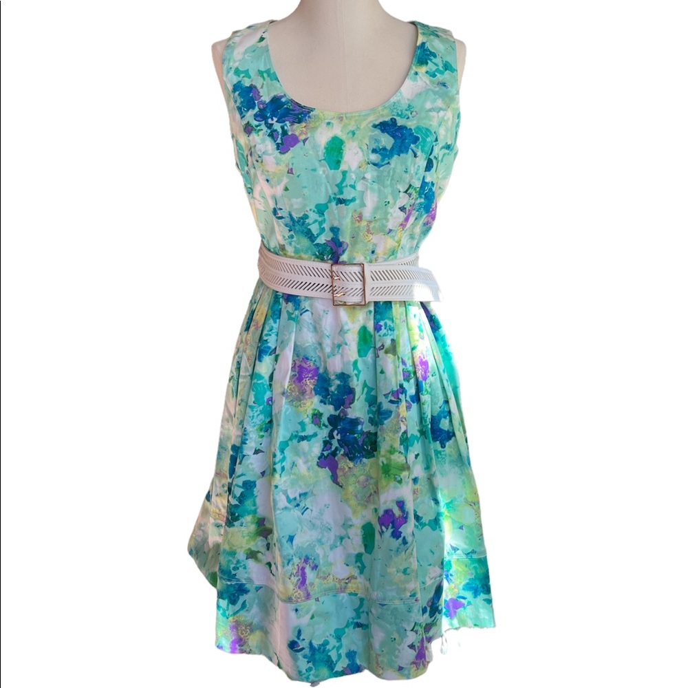Calvin Klein Belted Midi Dress in Green and Blue Floral Pattern - Size 10